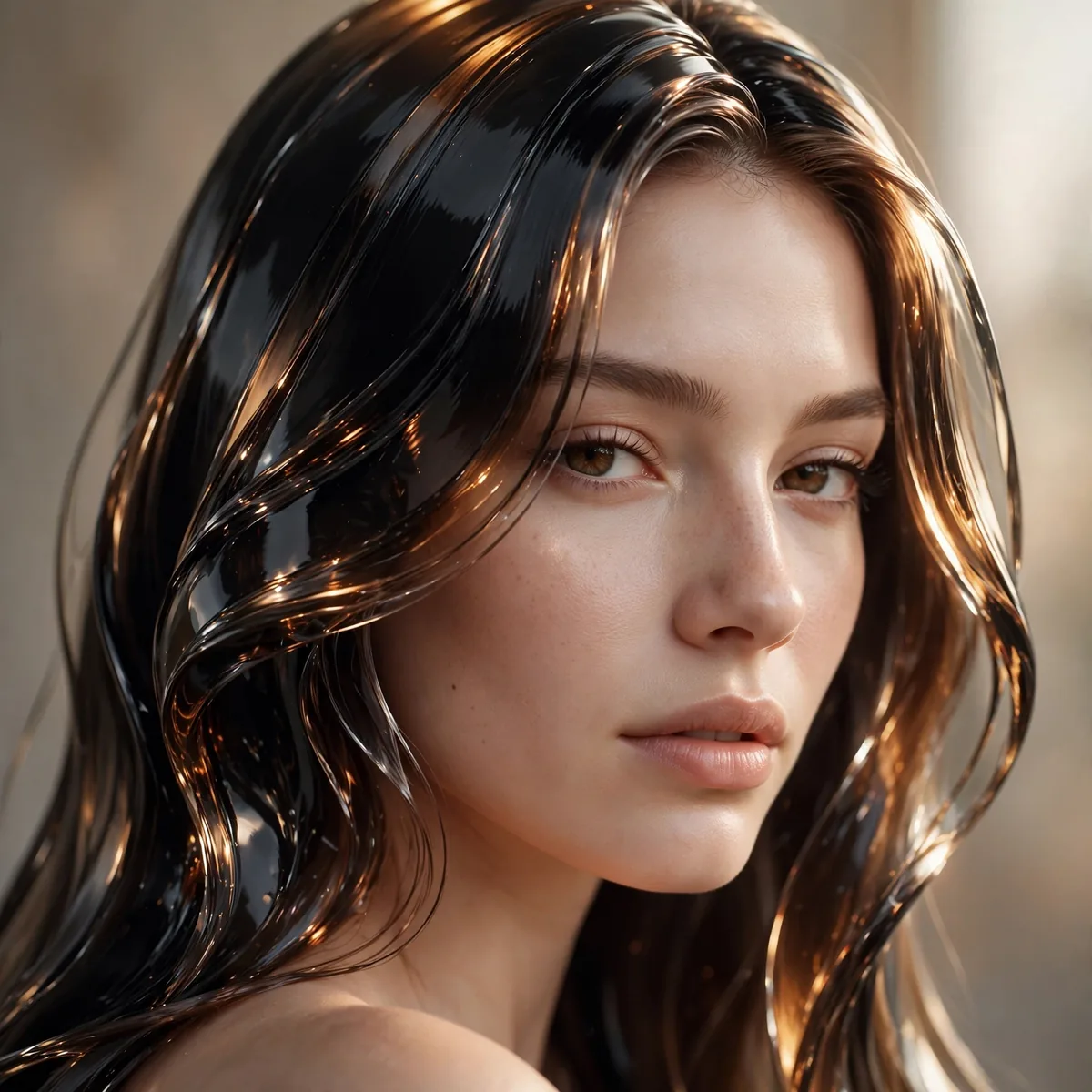 Black glass hair with caramel reflects and mirror shine
