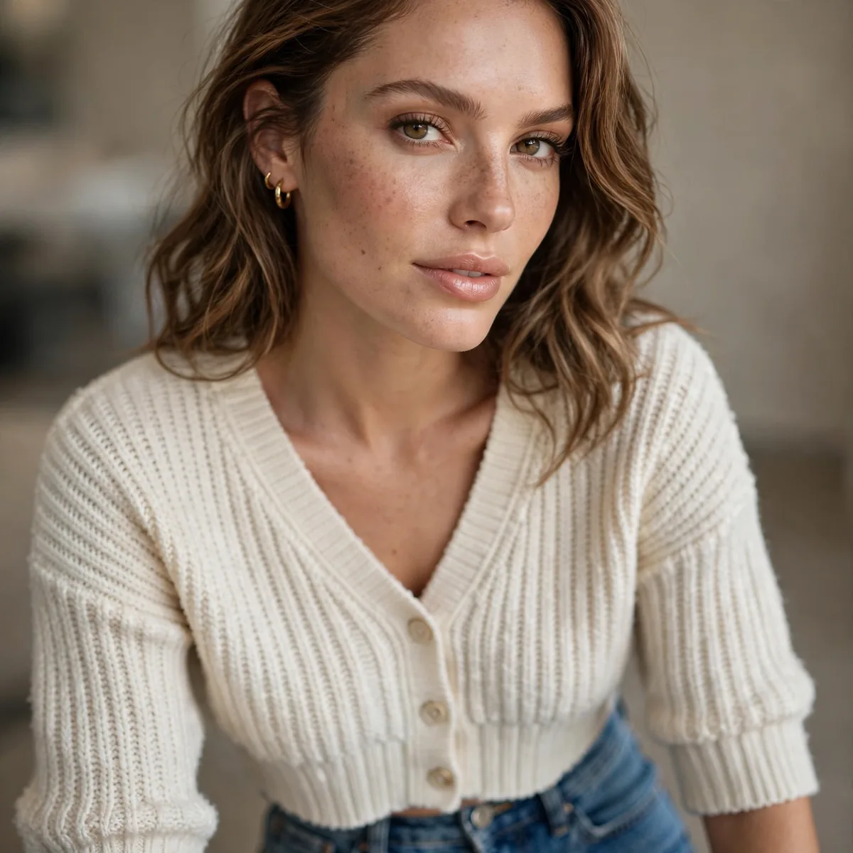 Cropped cardigan with high rise jeans