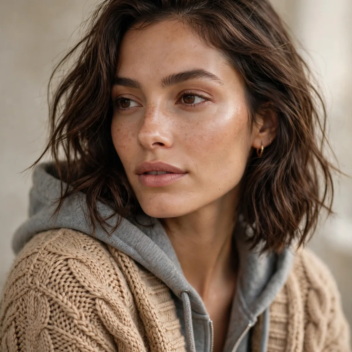 Cardigan layered over hoodie