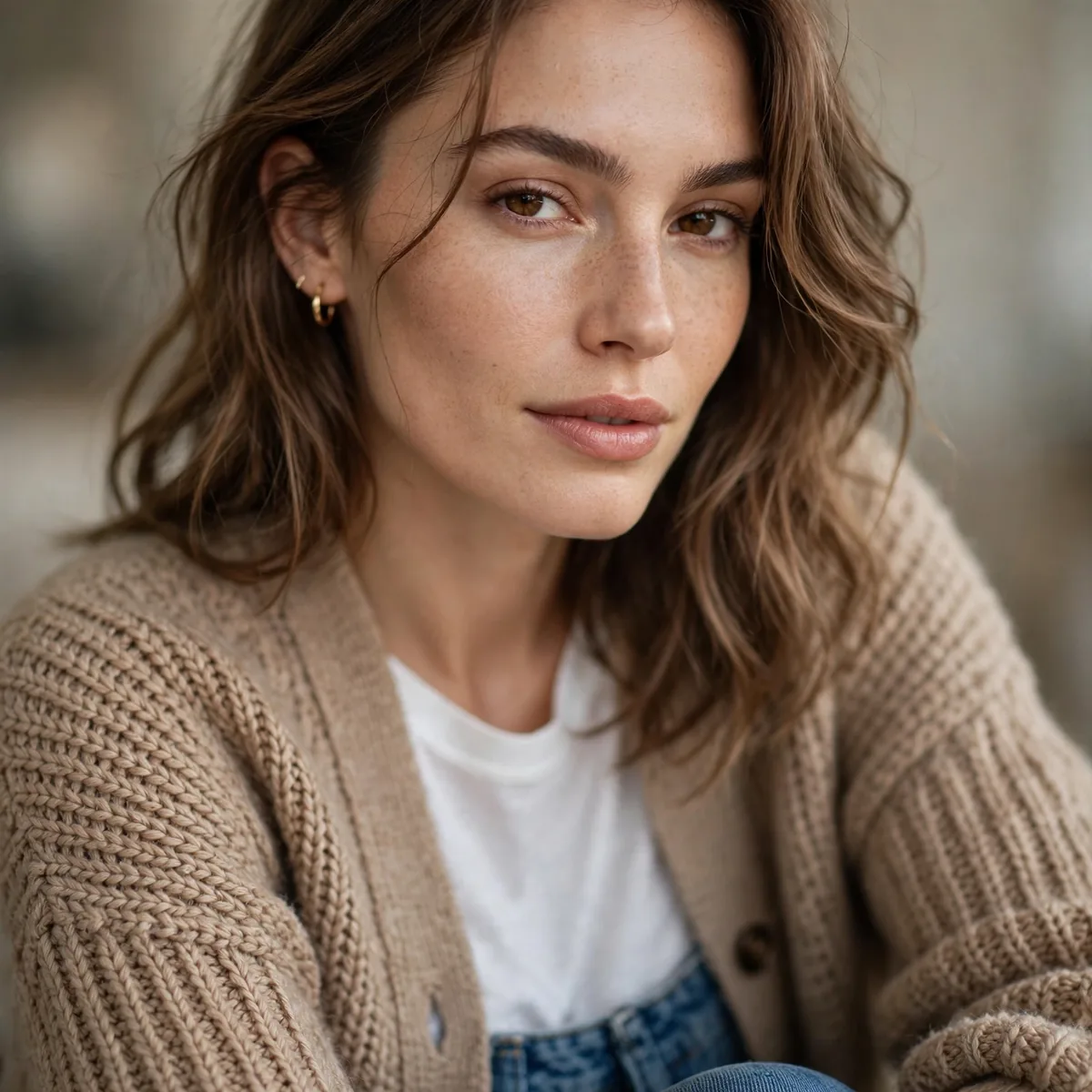 Cardigan over white tee and jeans