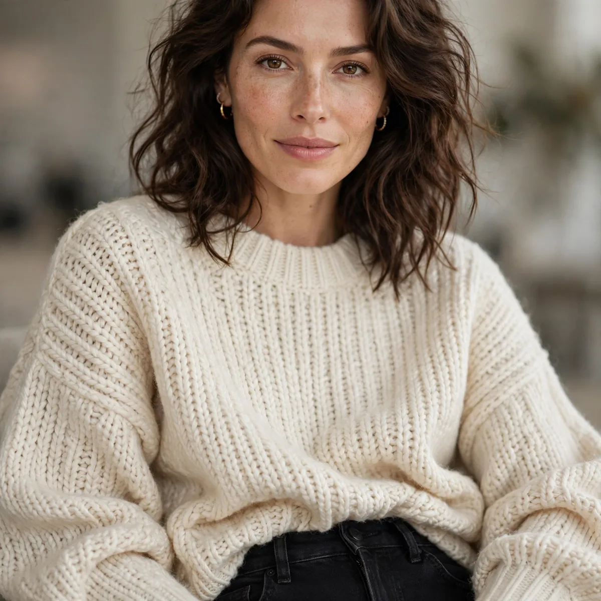 Black jeans with cream oversized sweater