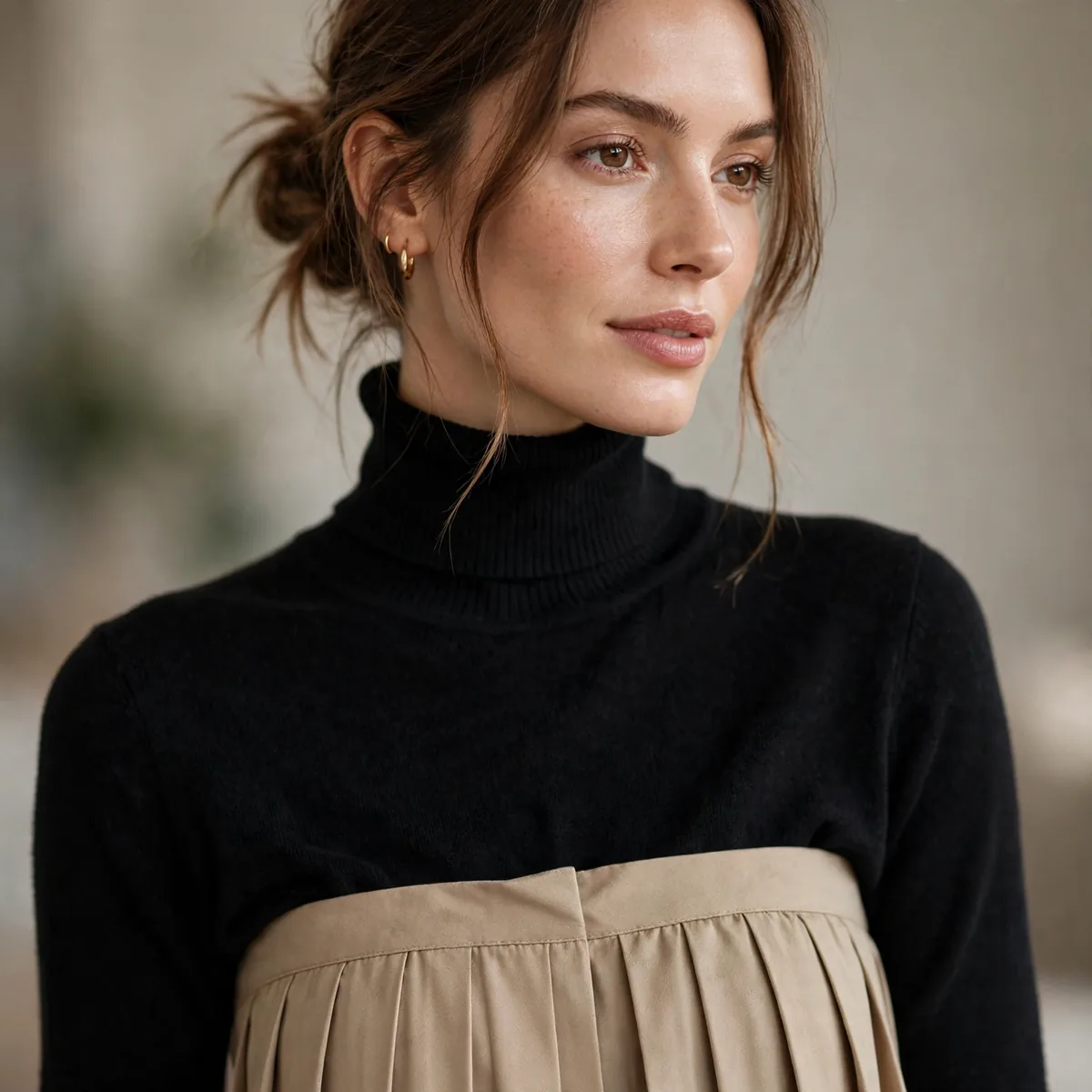 Pleated midi skirt with black turtleneck