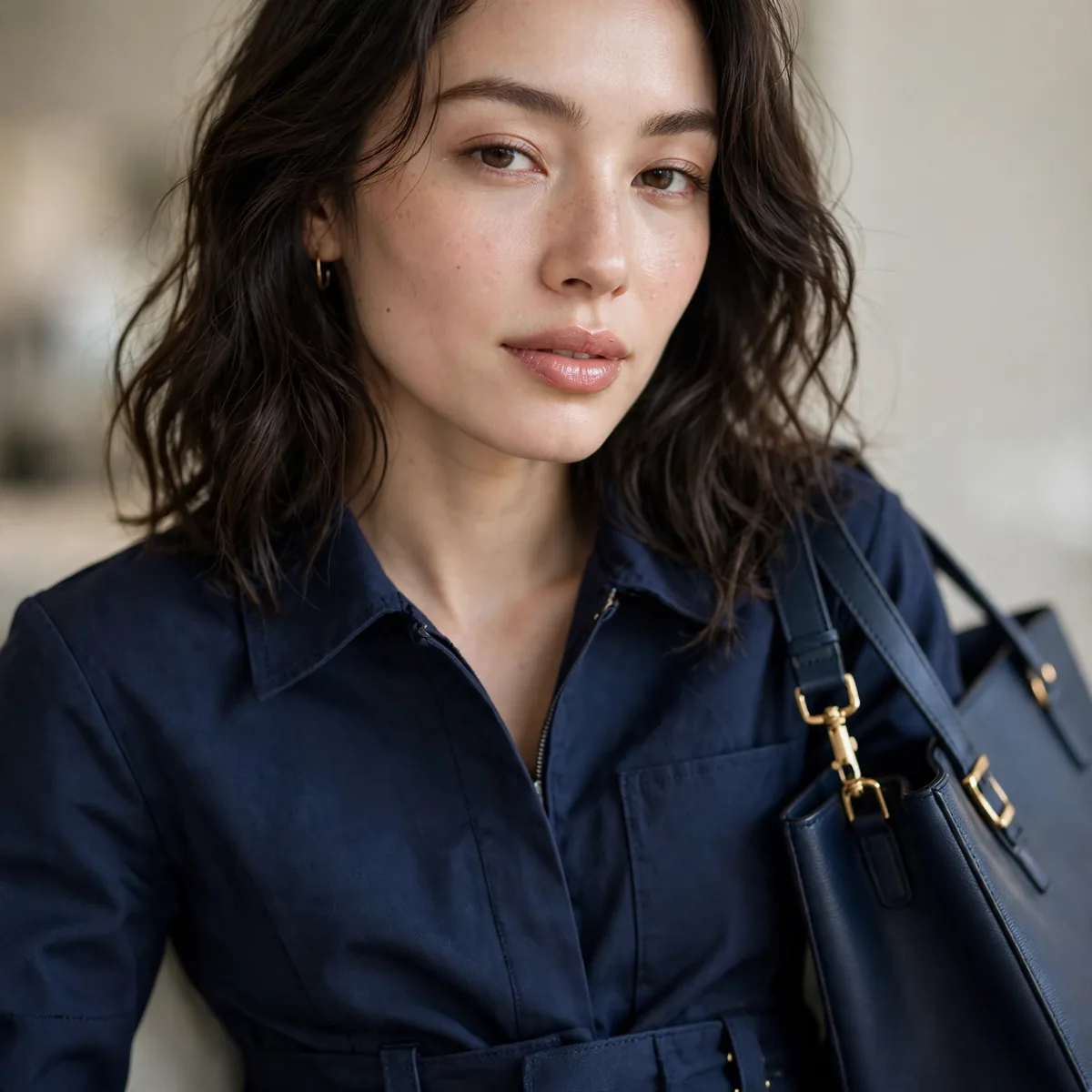 Navy jumpsuit with structured tote bag