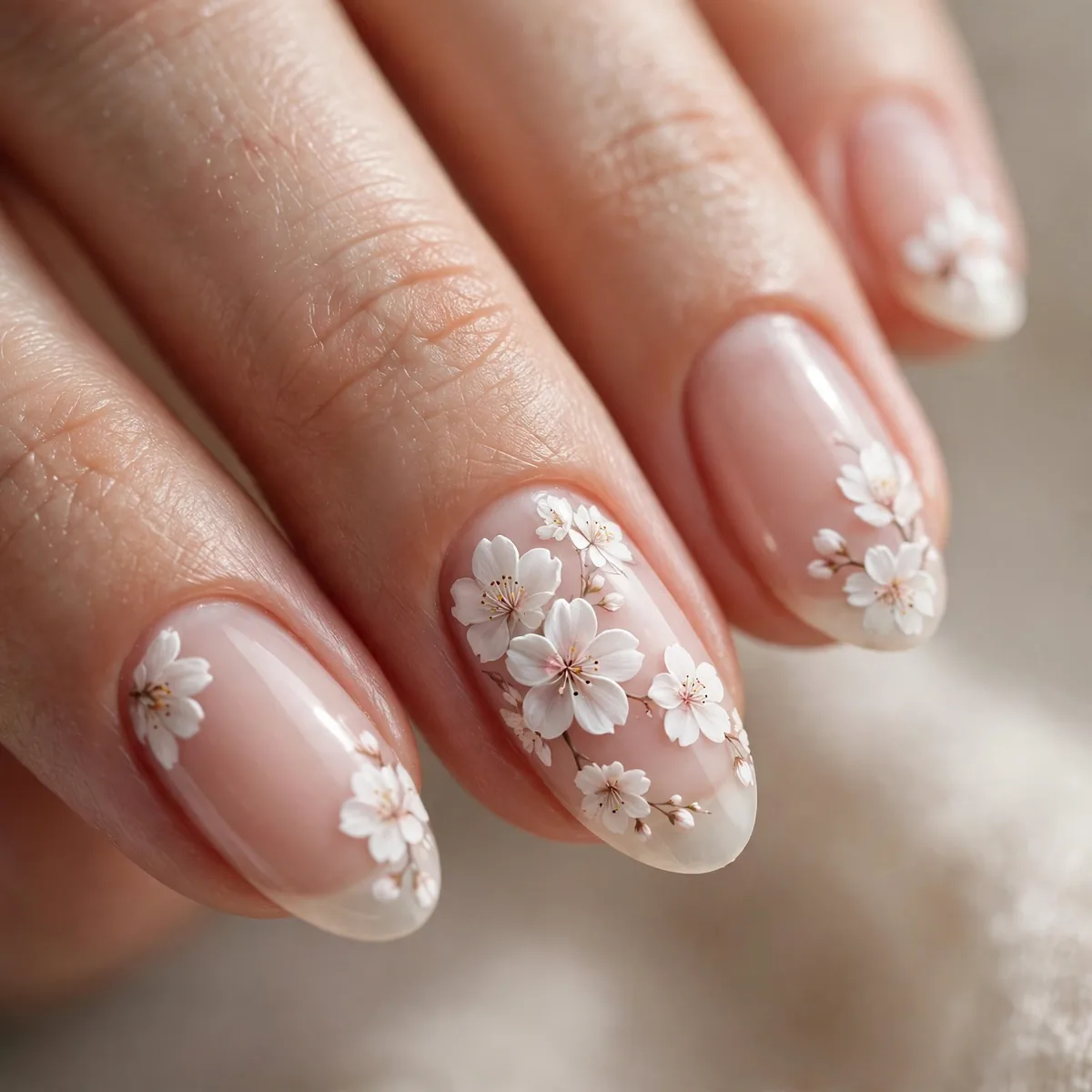 White cherry blossom nail detail