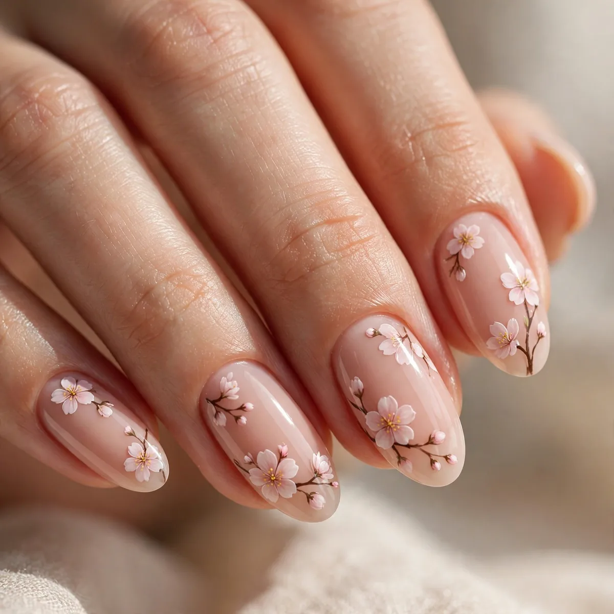 Nude base cherry blossom nail art