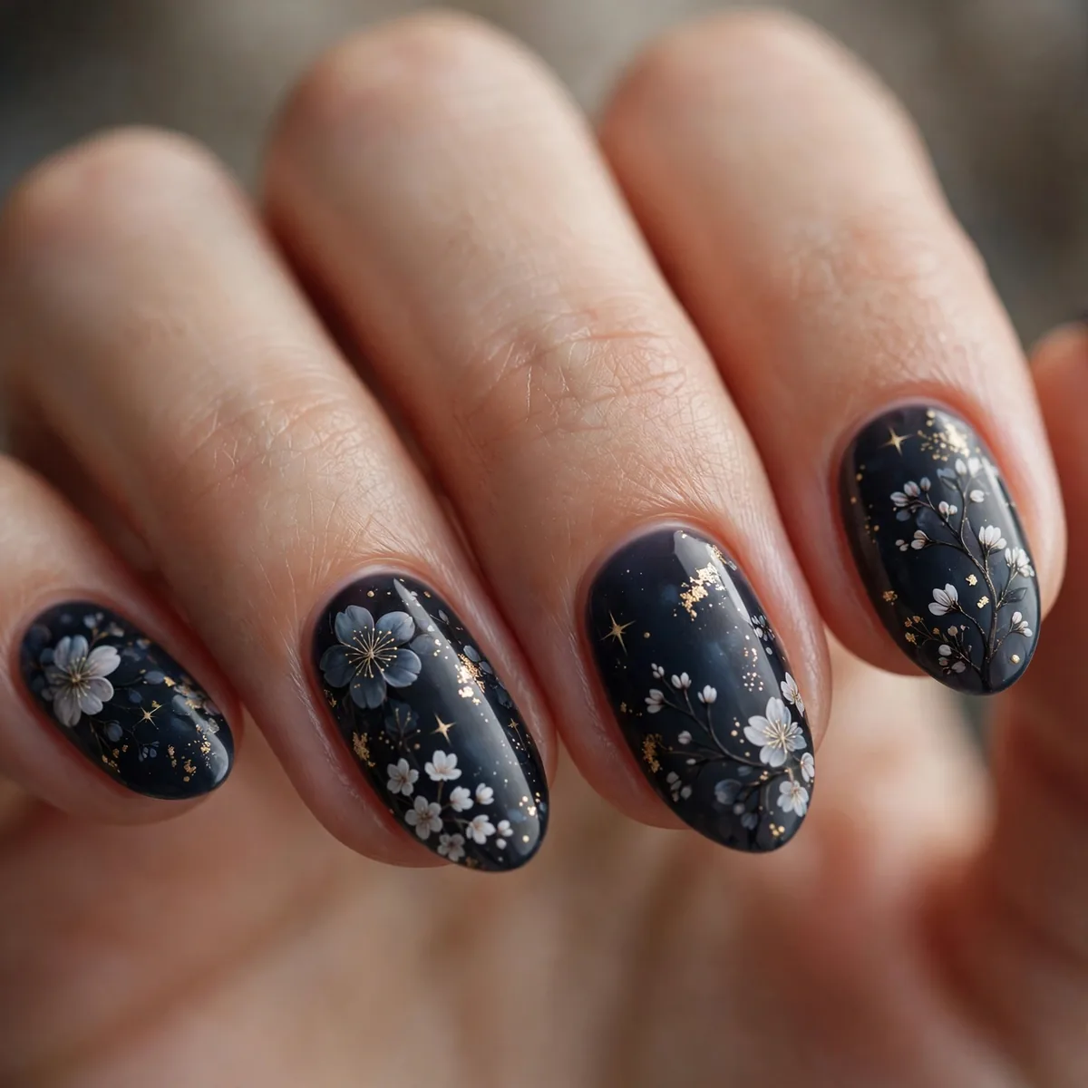 Night blossom dark nail design