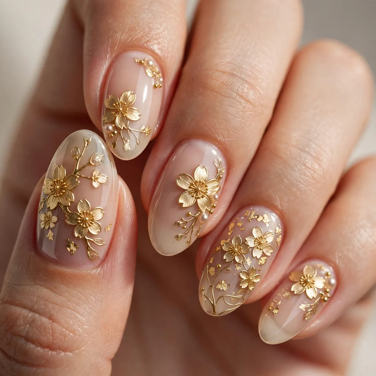 Gold cherry blossom luxury nail art