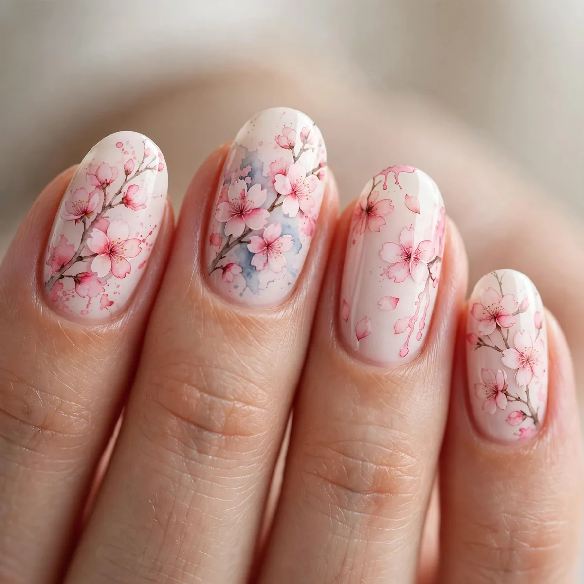 Watercolor cherry blossom nail art