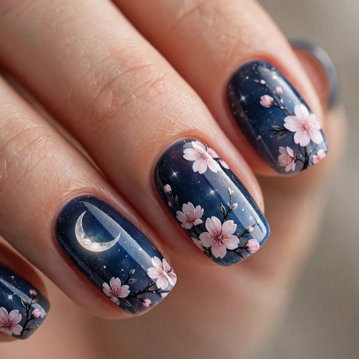 Moonlit cherry blossom nail design