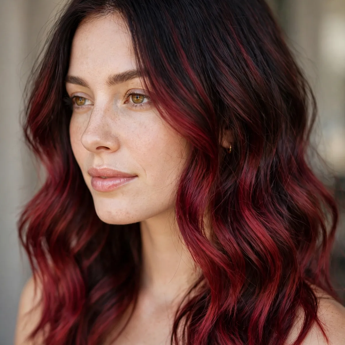 Cherry red balayage on dark hair