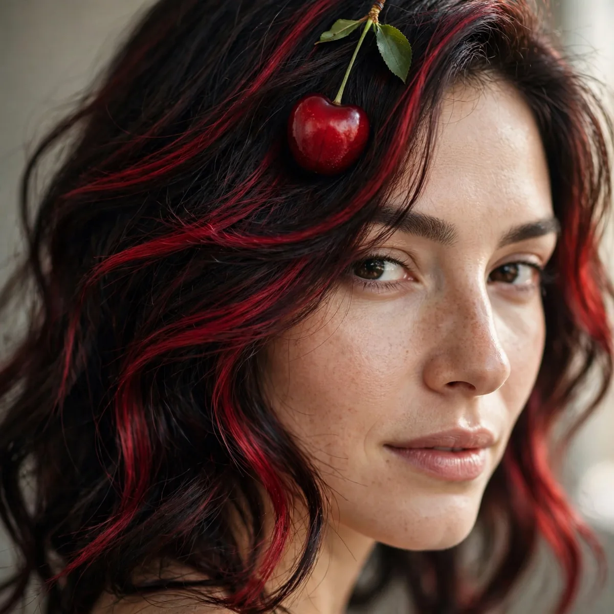 Cherry red color on dark hair
