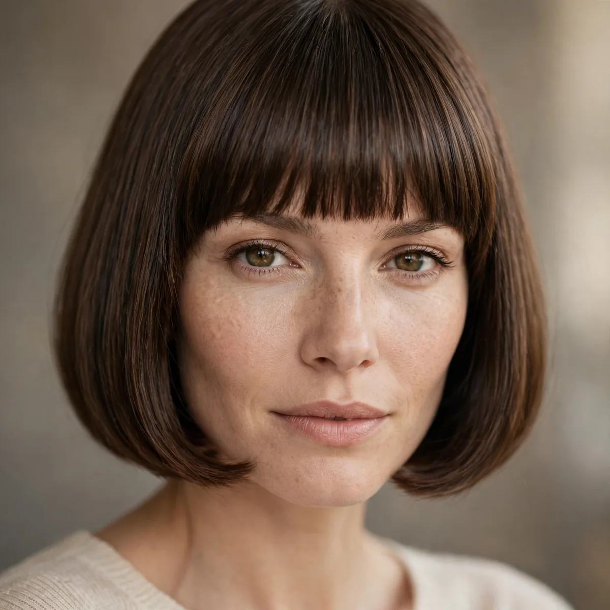 Woman with a classic French bob and straight-across bangs