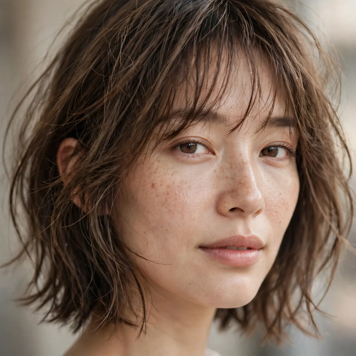 Woman with air-dried chin-length hair and wispy bangs