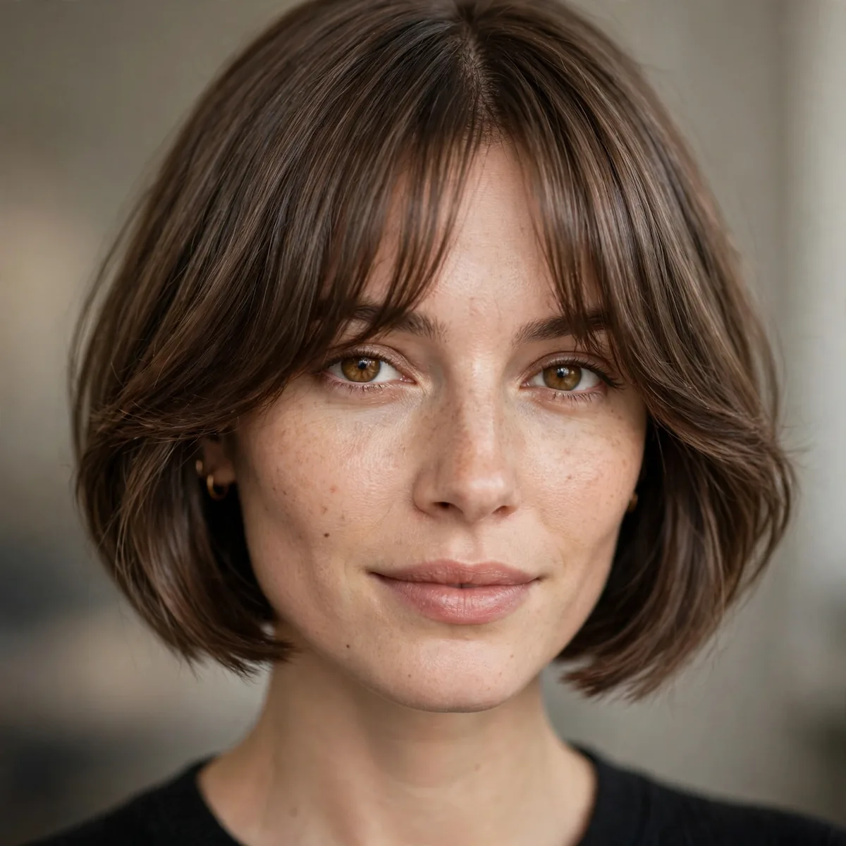 Woman with curtain bangs and a chin-length cropped bob