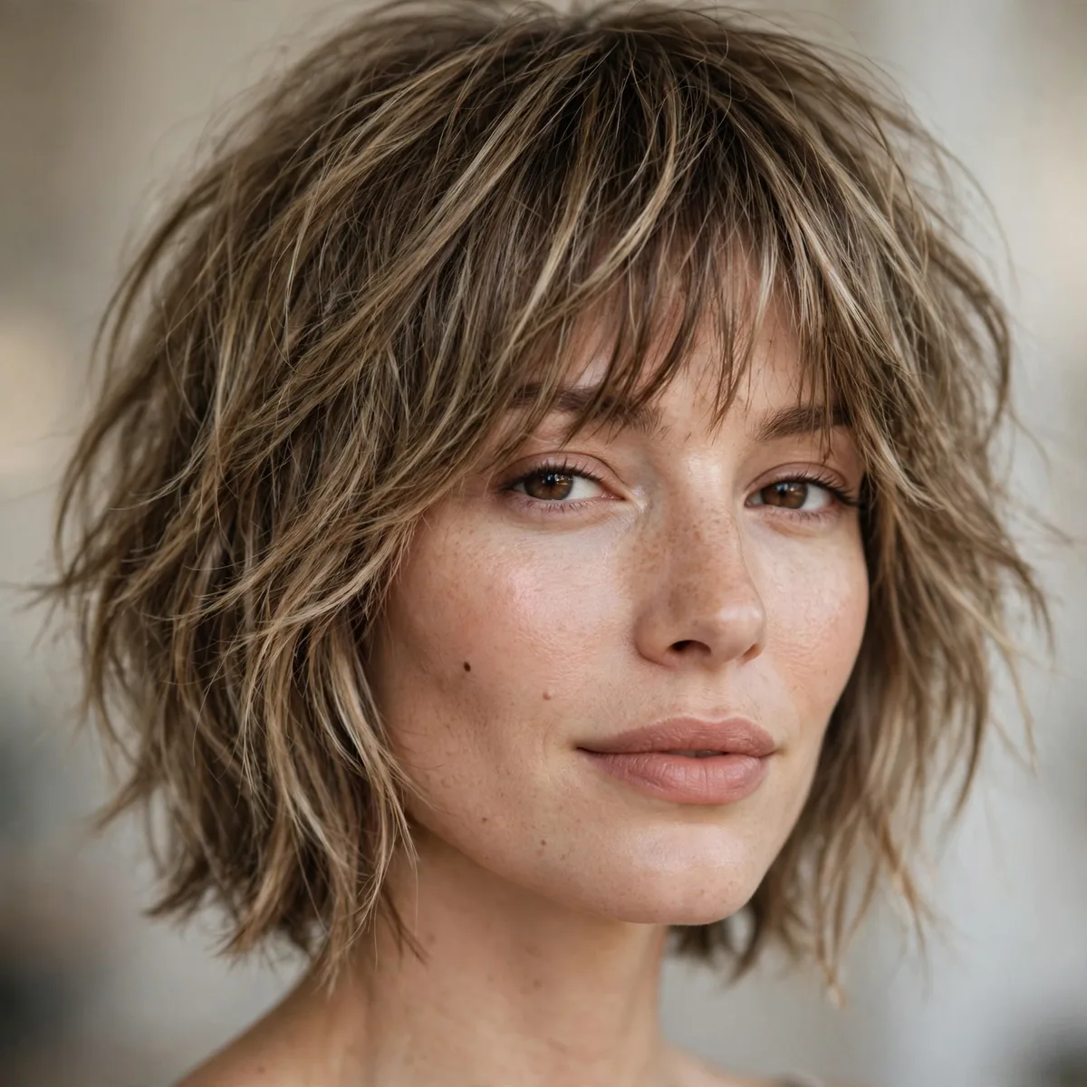Woman with a chin-length shaggy haircut and bangs