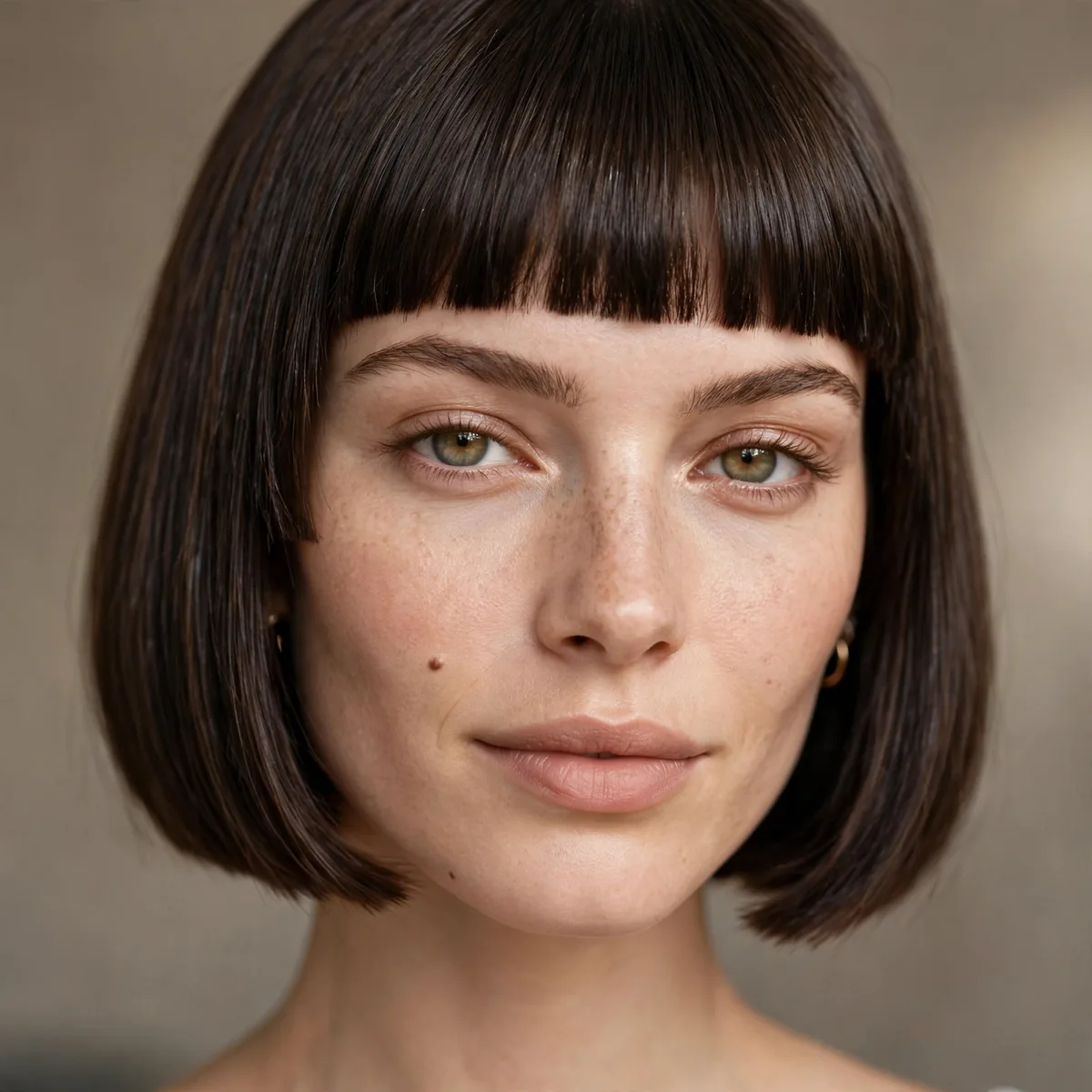 Woman with blunt baby bangs and a chin-length bob