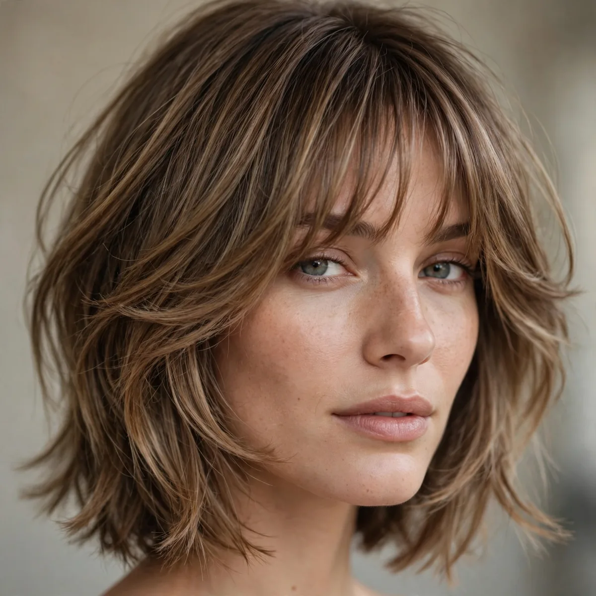 Woman with feathered layers and bangs on chin-length hair