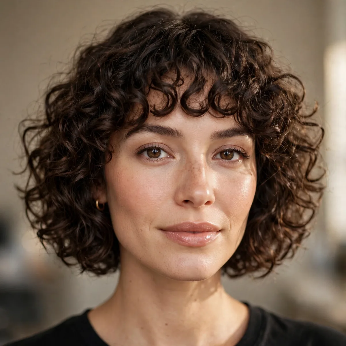 Woman with curly chin-length bob and curly bangs