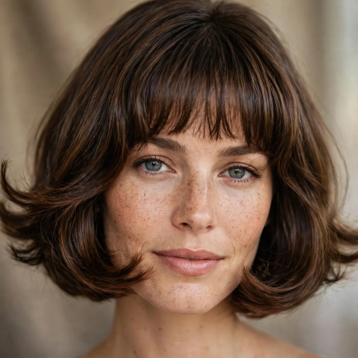 Woman with a chin-length bob with flipped-out ends and bangs