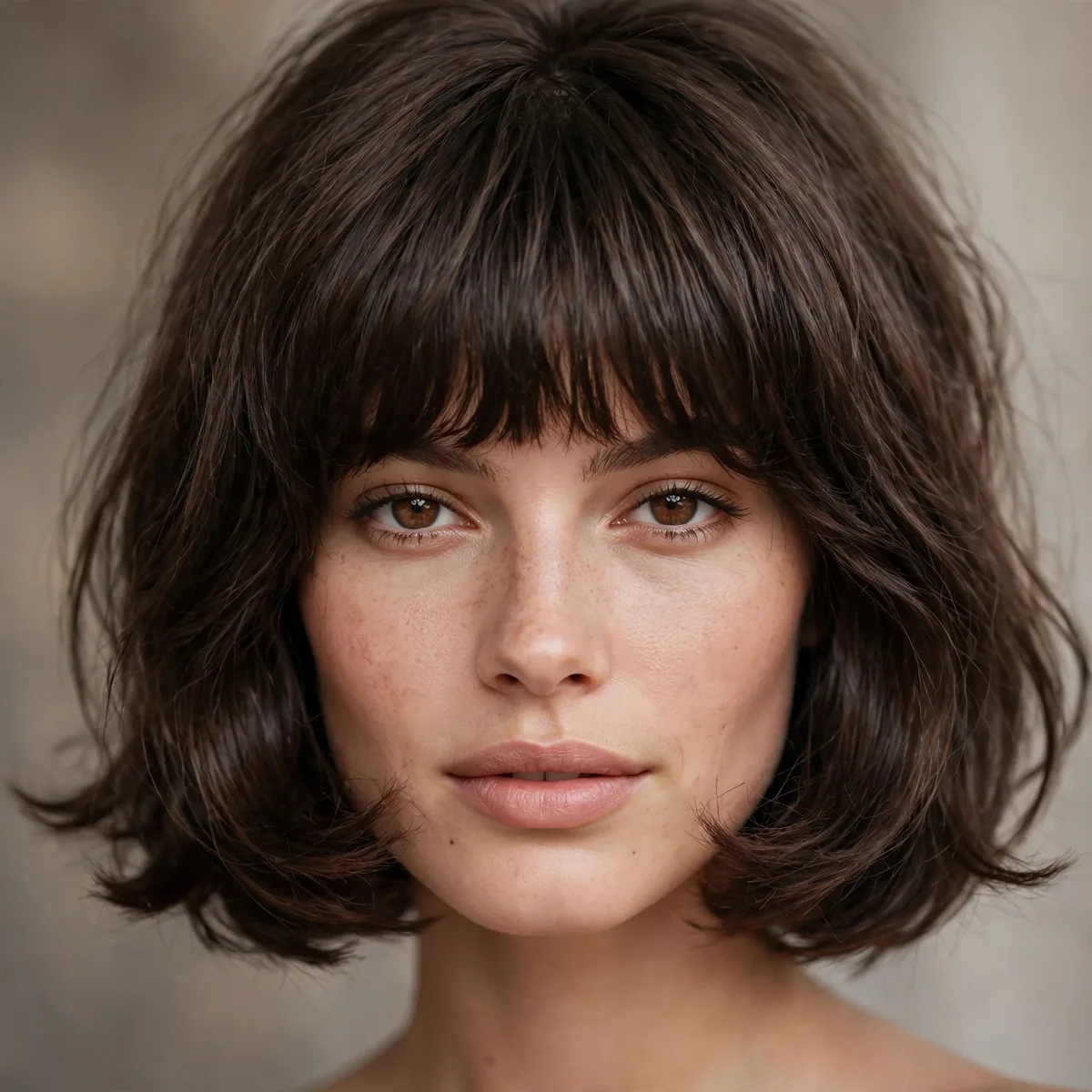 Woman with a Bardot-inspired full fringe and chin-length bob