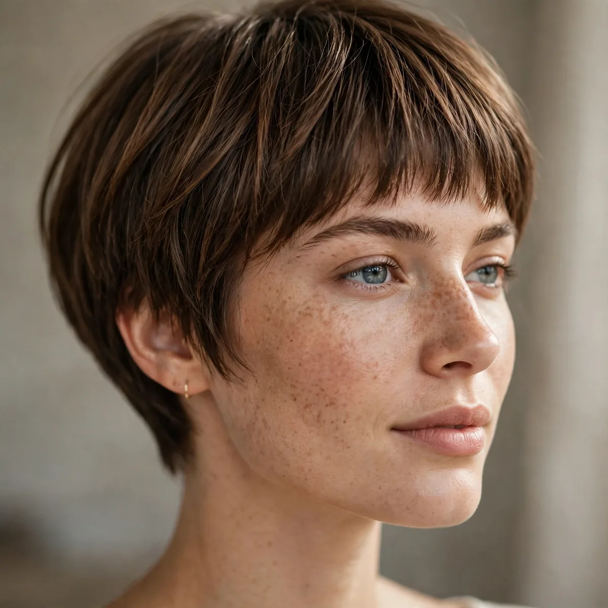 Woman with a jaw-grazing pixie bob haircut and short bangs
