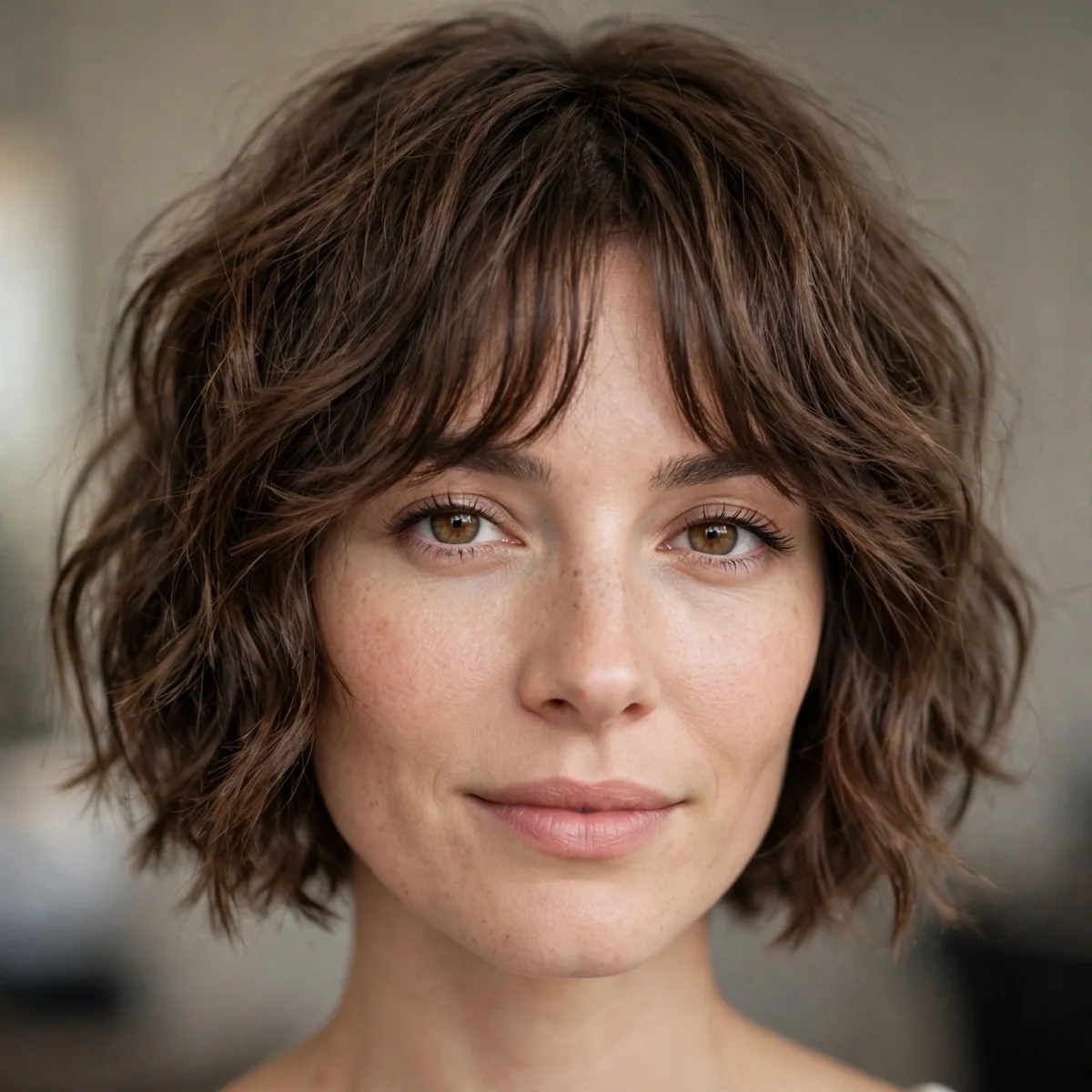 Choppy wavy bob paired with curtain bangs