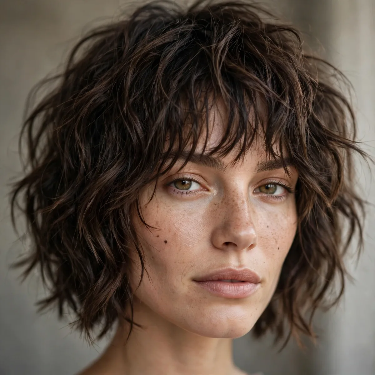 Edgy wolf cut bob hybrid with choppy layers on wavy hair