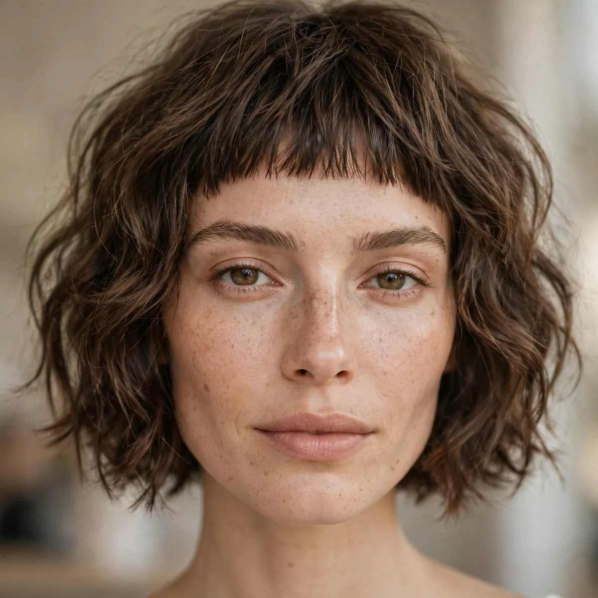 Choppy wavy bob with a short micro fringe