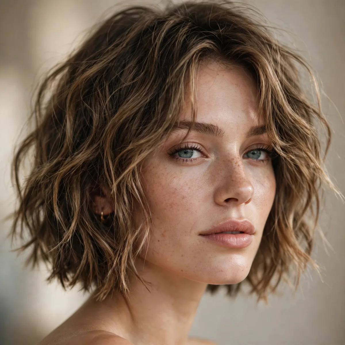 Short choppy bob at chin length on wavy hair