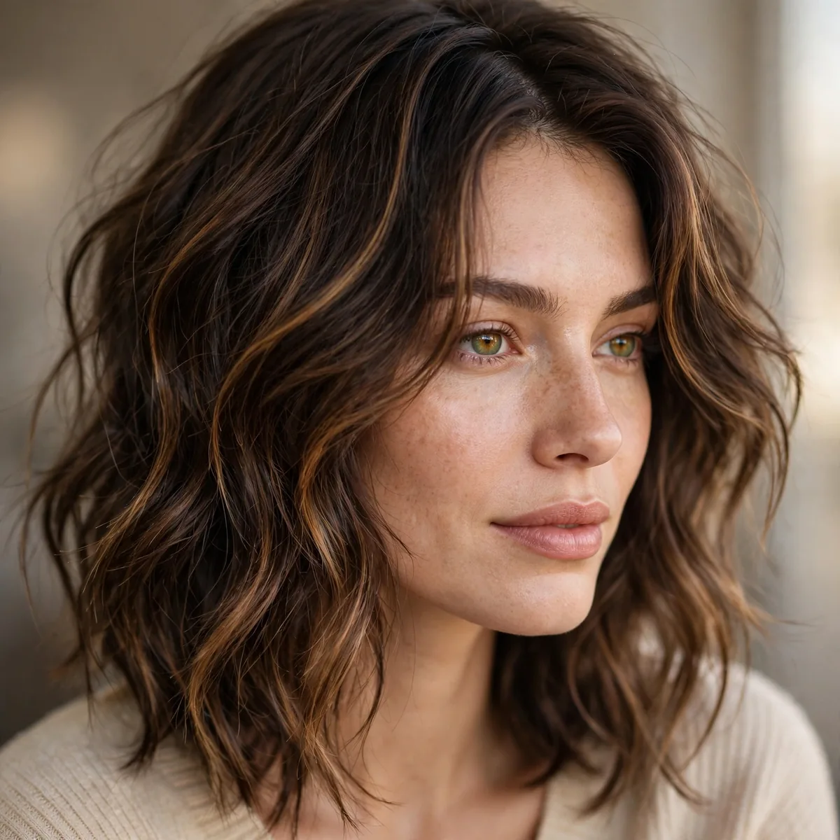 Long choppy bob with extended layers on wavy hair