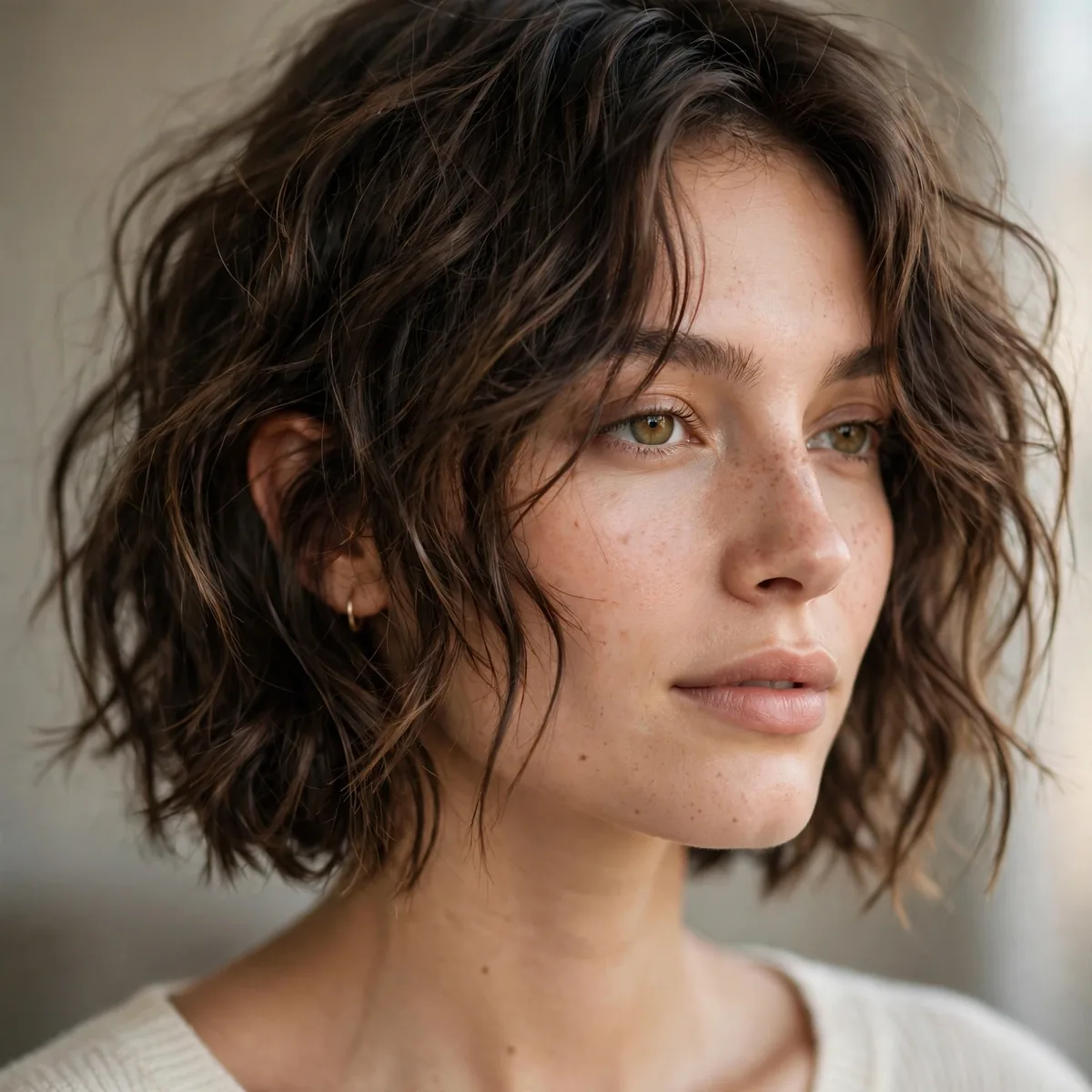 Effortlessly undone choppy bob on wavy hair