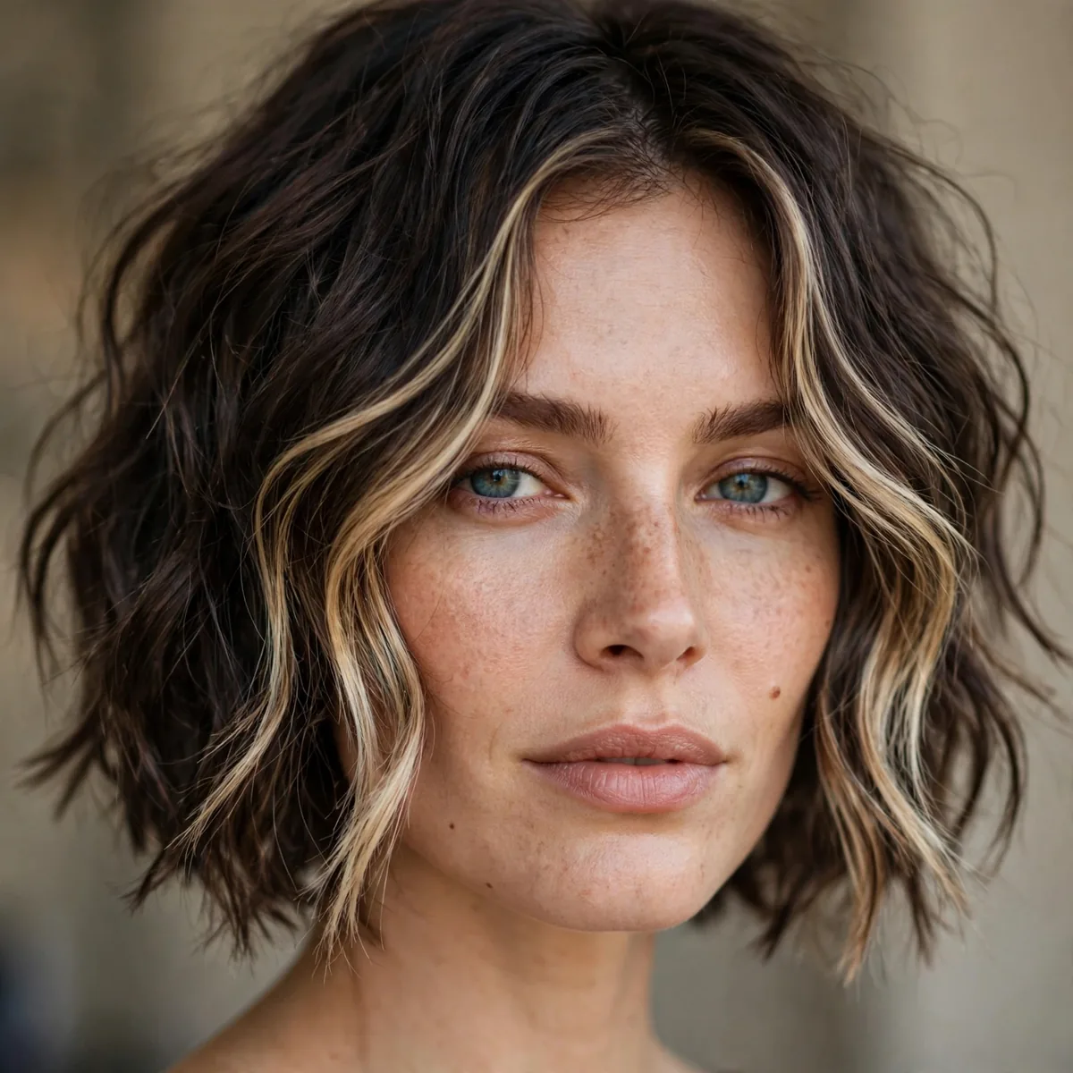 Choppy wavy bob with face framing money piece highlights