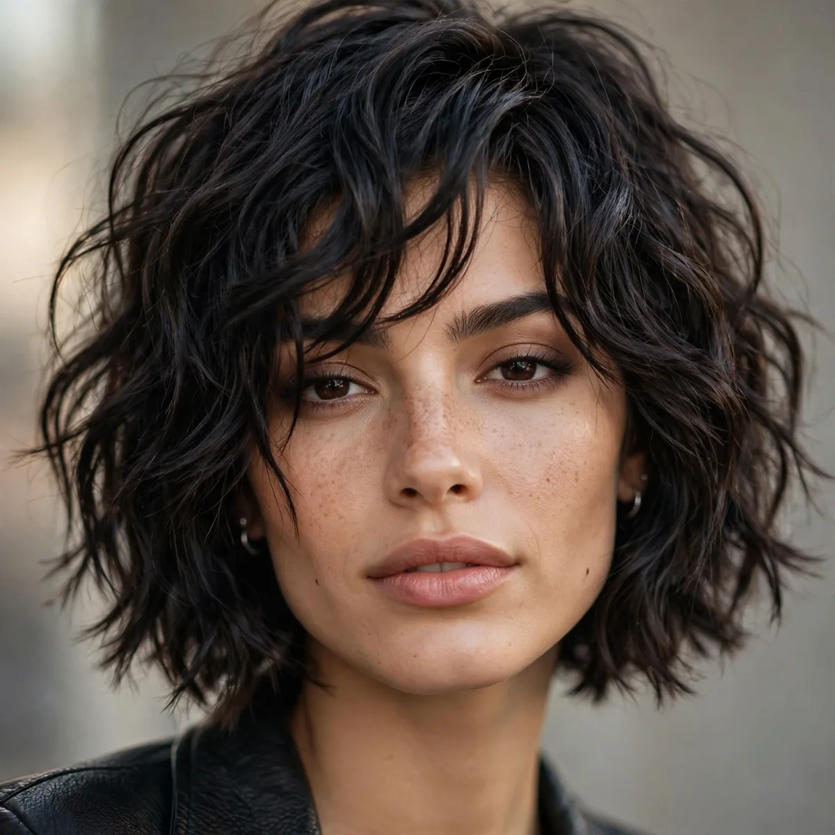 Edgy rock inspired choppy bob on wavy dark hair