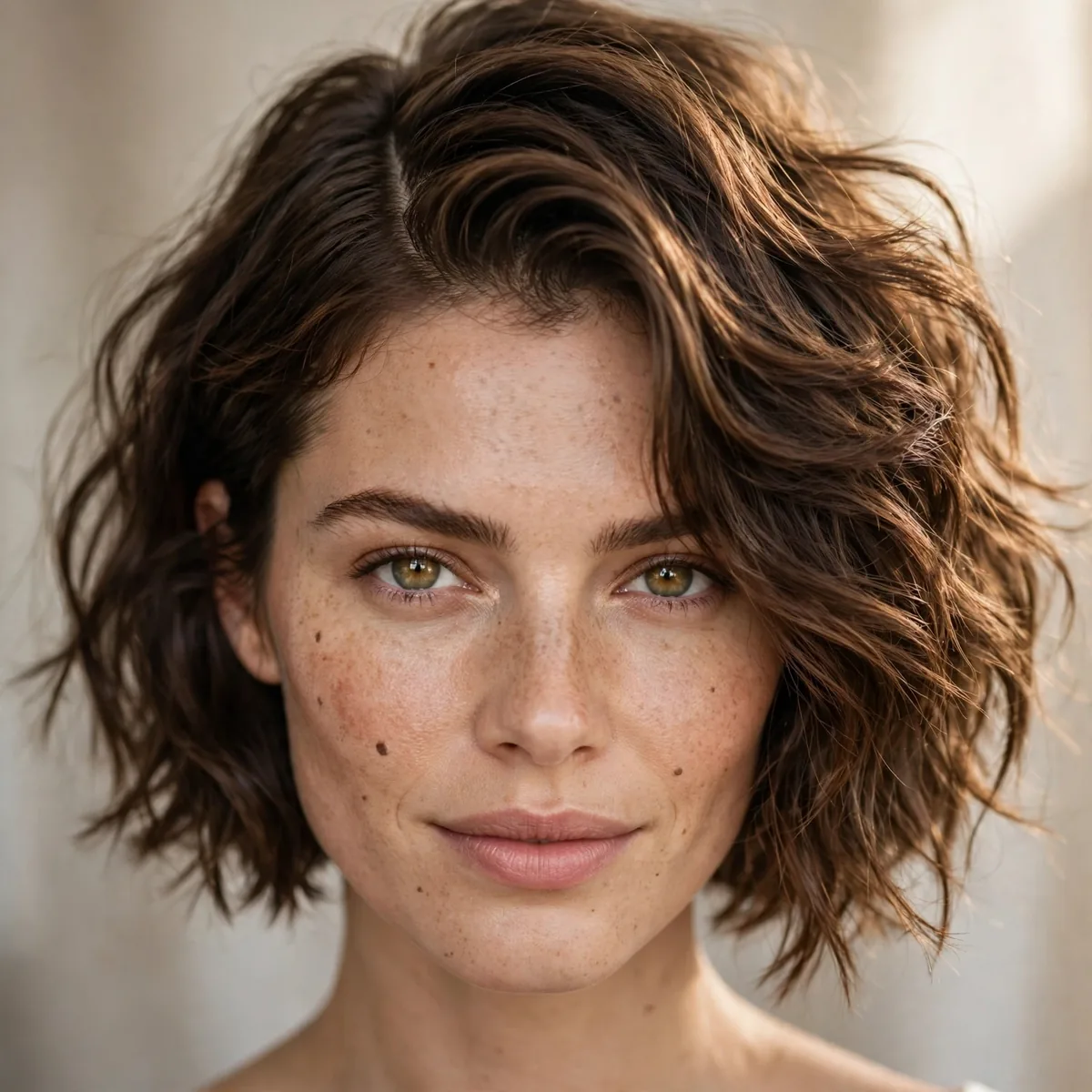 Choppy wavy bob styled with a deep side part
