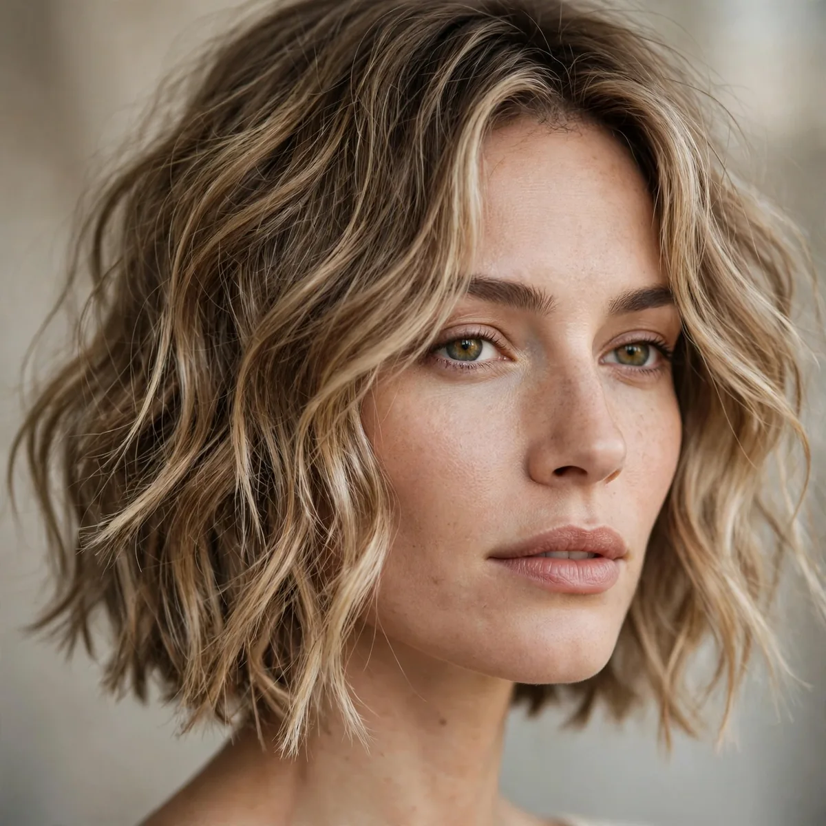Choppy bob with separated piece-y ends on wavy hair