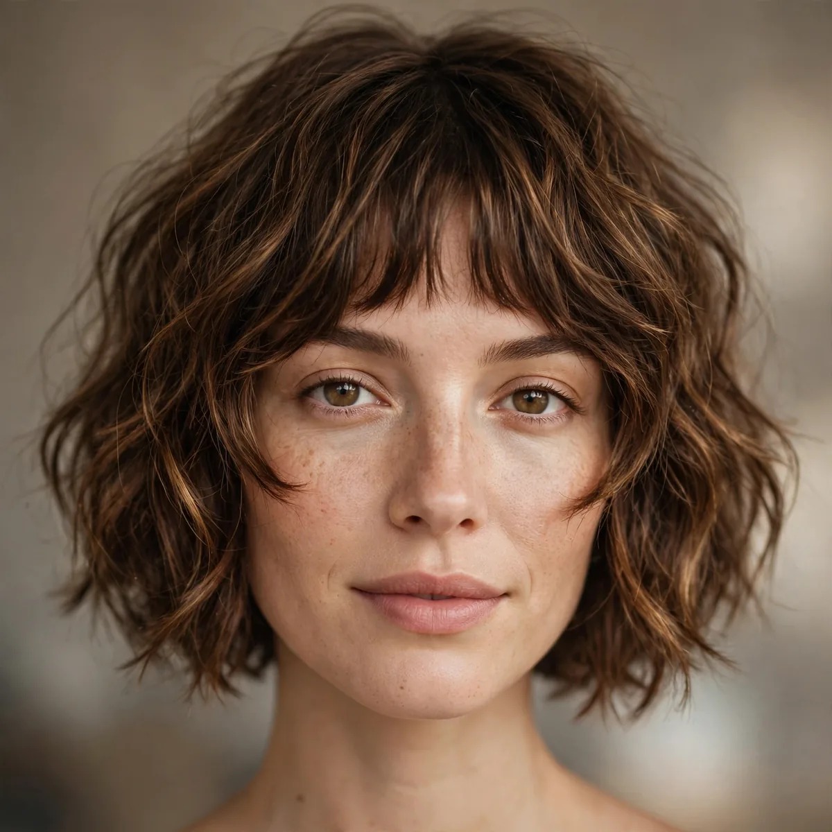 Choppy wavy bob with bottleneck bangs