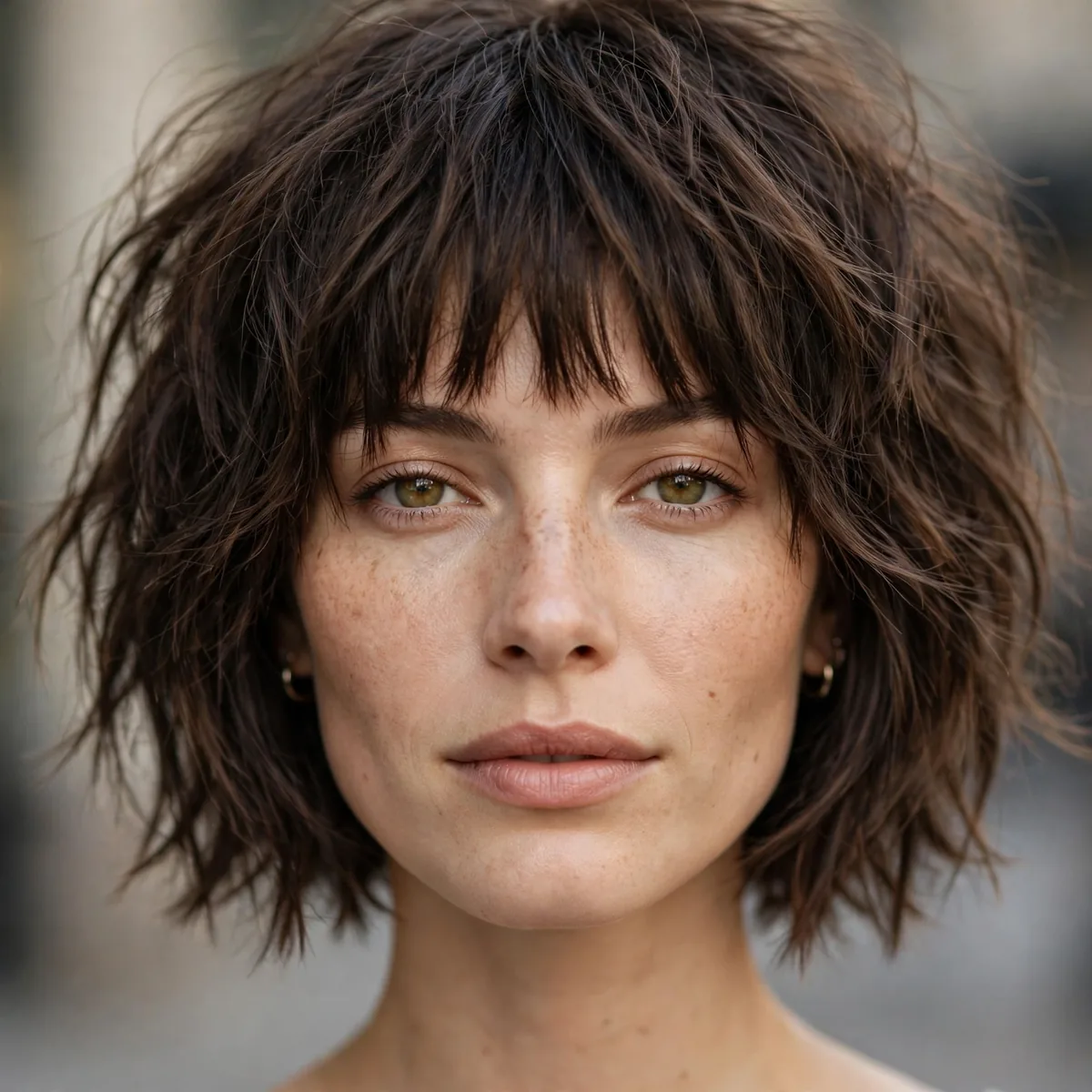 Woman with a downtown piece-y choppy bob and bangs