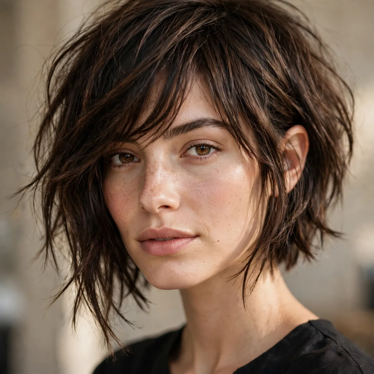 Woman with an asymmetrical choppy bob and side-swept bangs