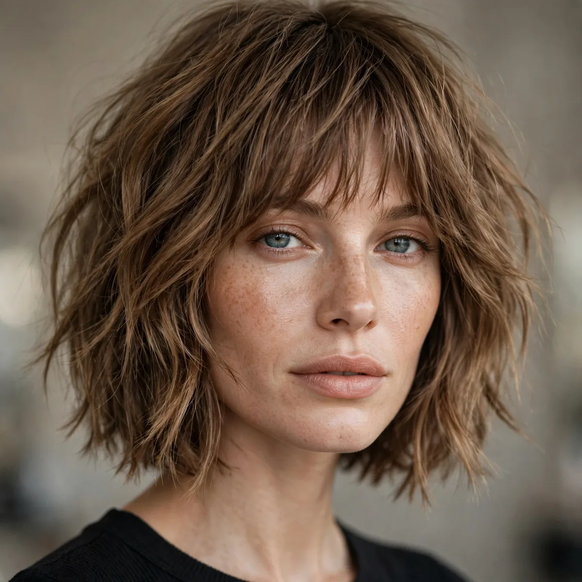 Woman with a tousled collarbone-length choppy bob and bangs