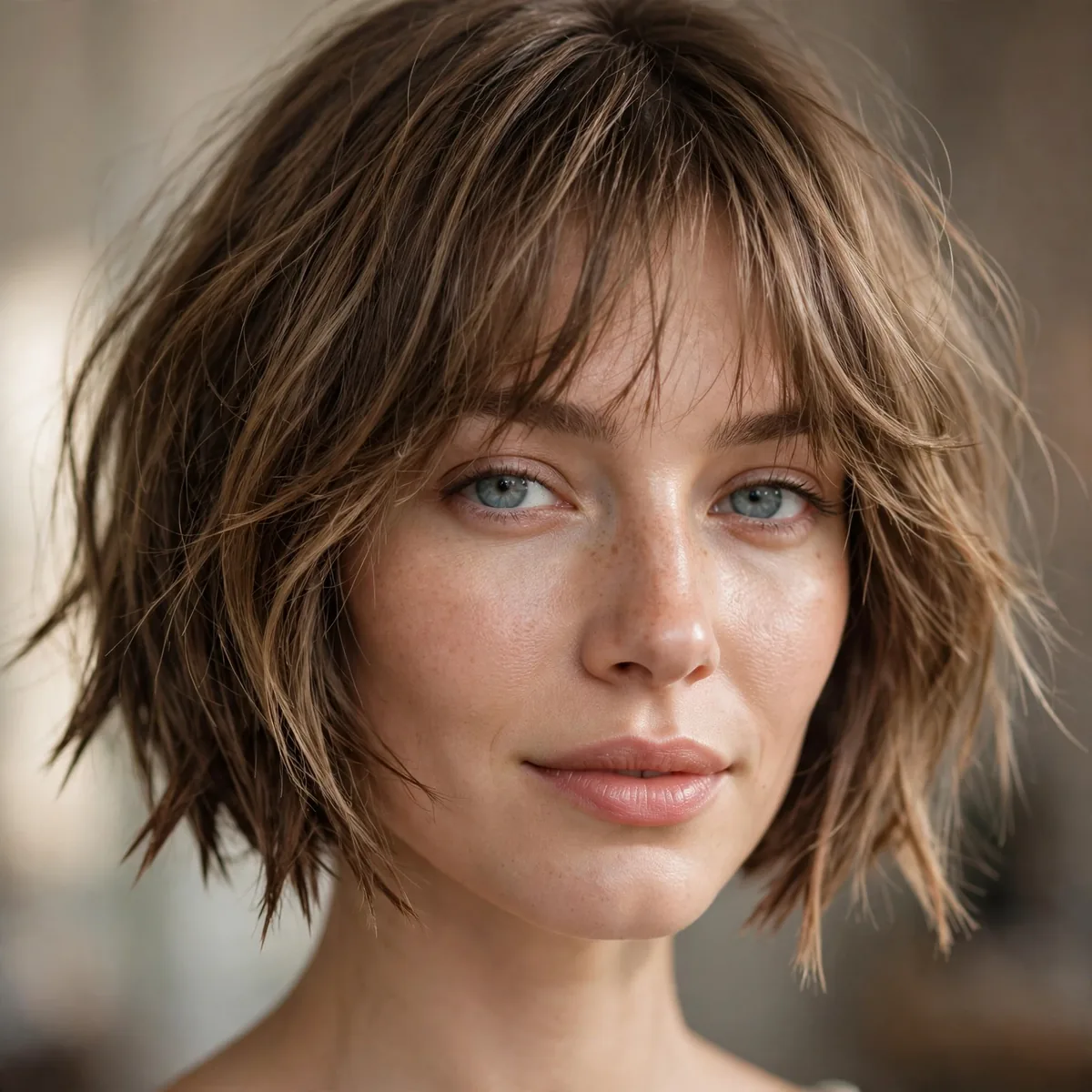 Woman with jagged bob ends and a soft wispy fringe