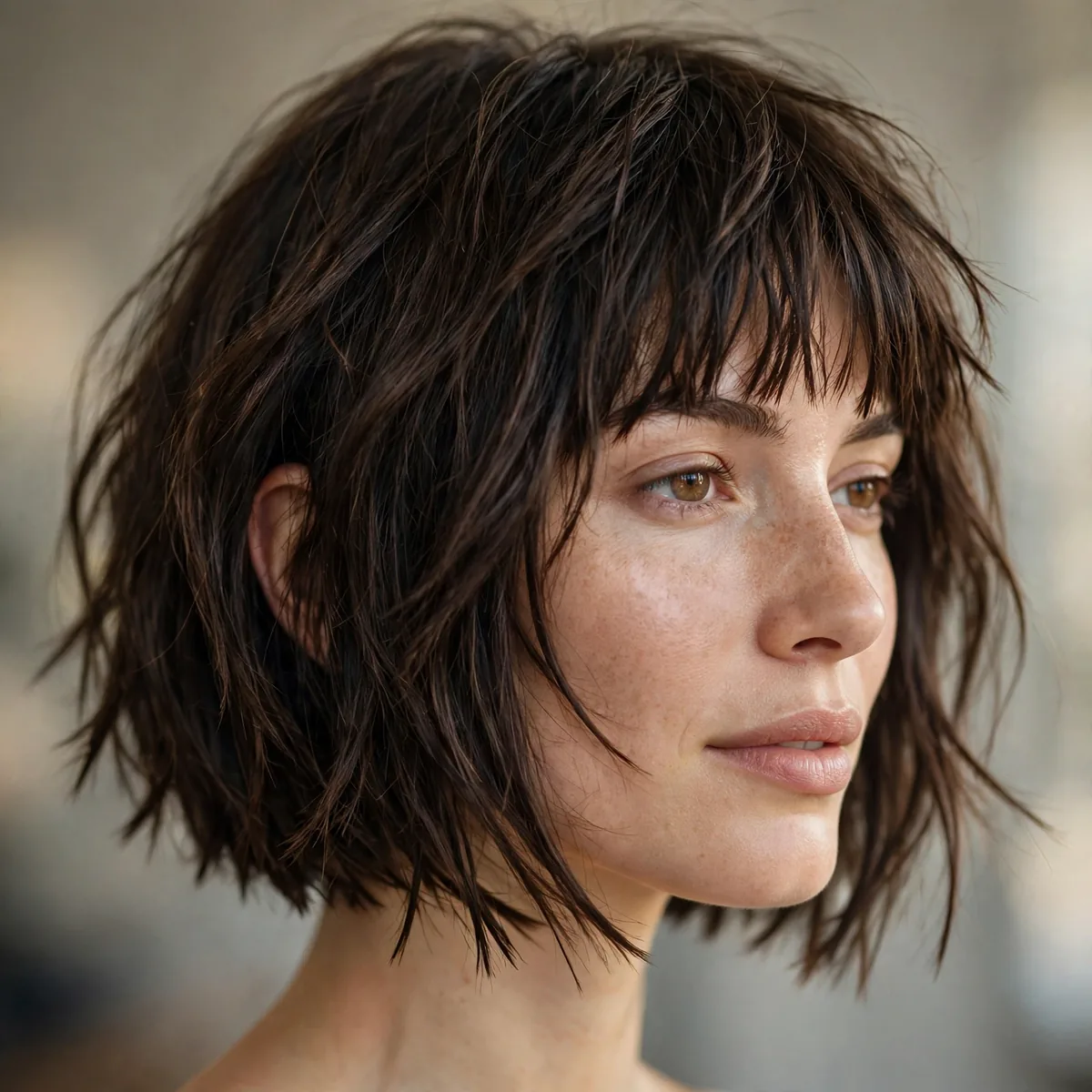 Woman with a razor-cut A-line choppy bob and bangs