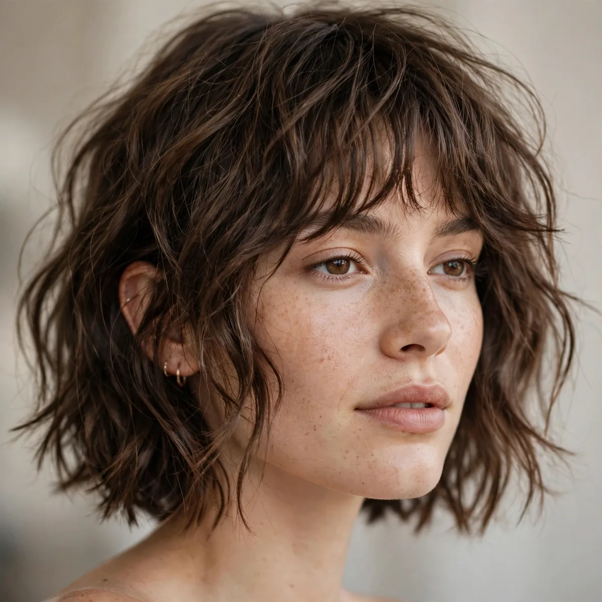 Woman with an undone wavy choppy bob and bangs
