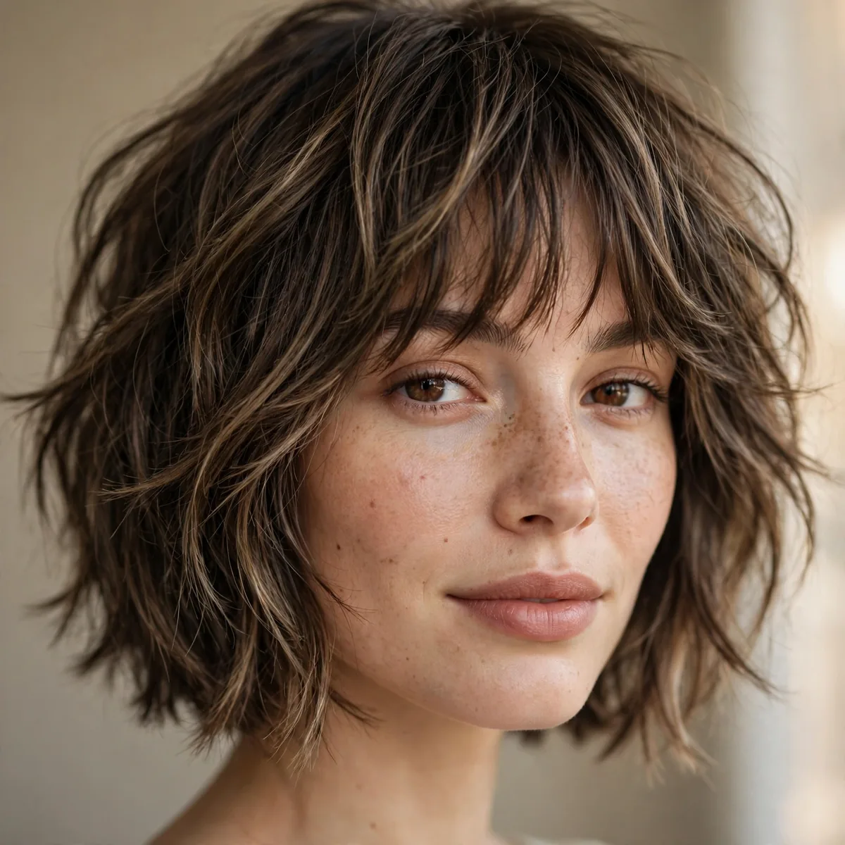 Woman with a feathered choppy bob and layered bangs