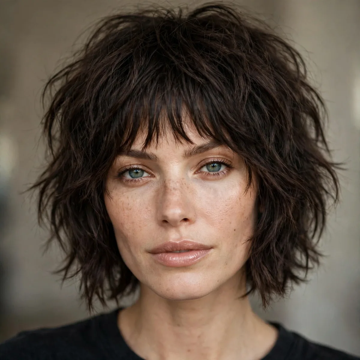 Woman with a rocker shaggy choppy bob and bangs