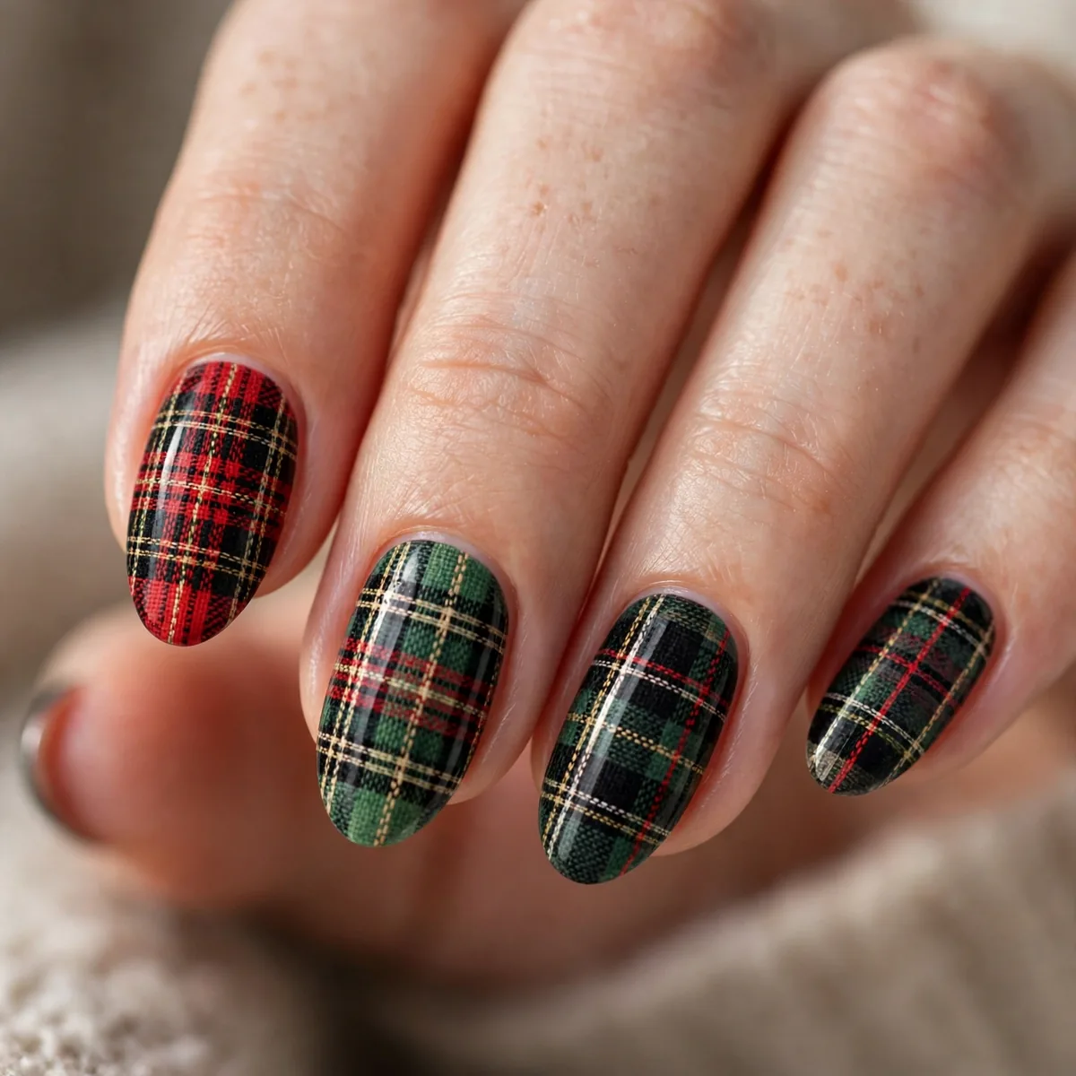 Plaid flannel christmas nail art