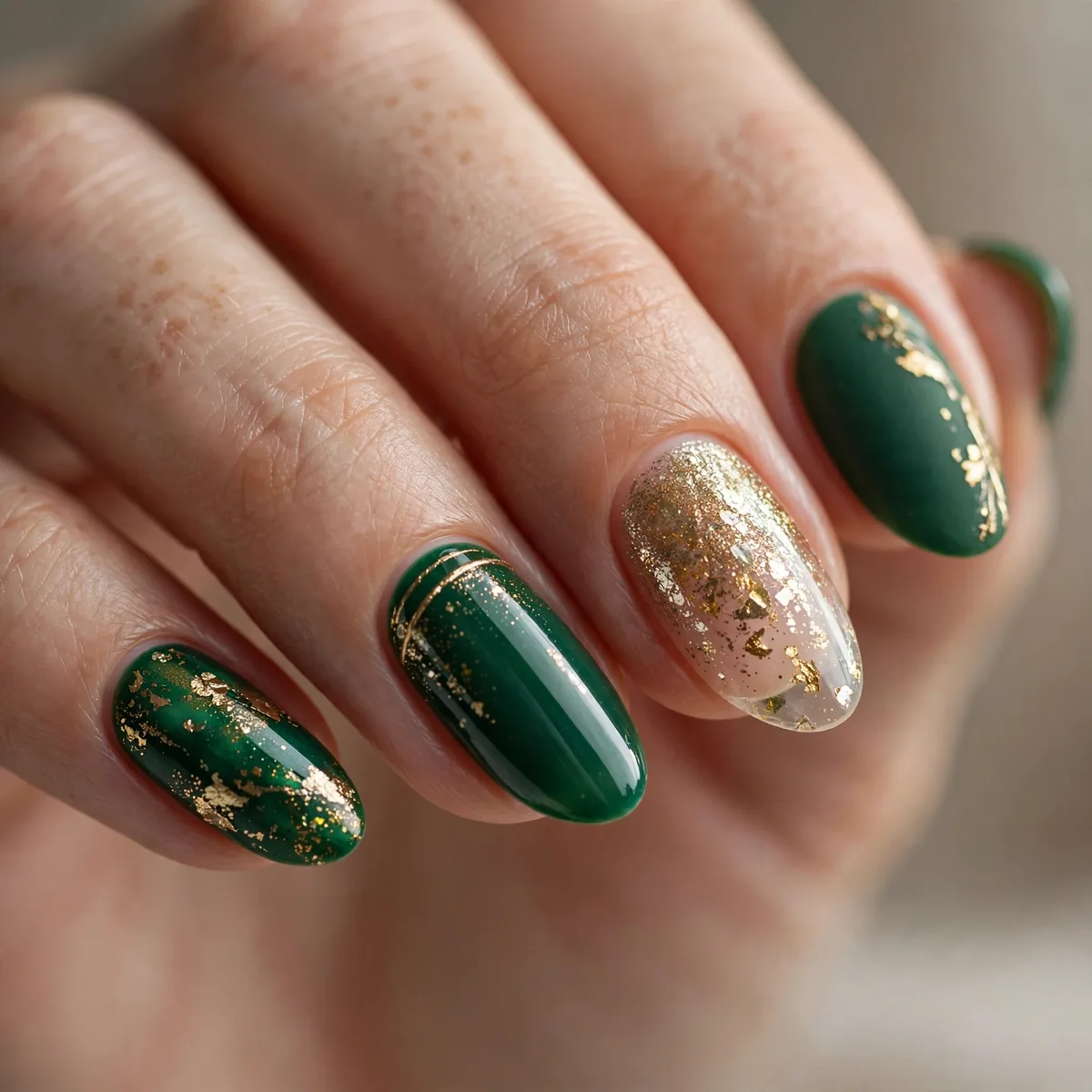 Green and gold christmas nail combination
