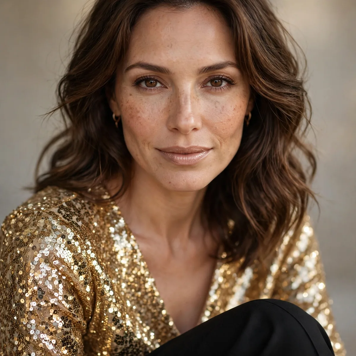 Gold sequin top with black pants