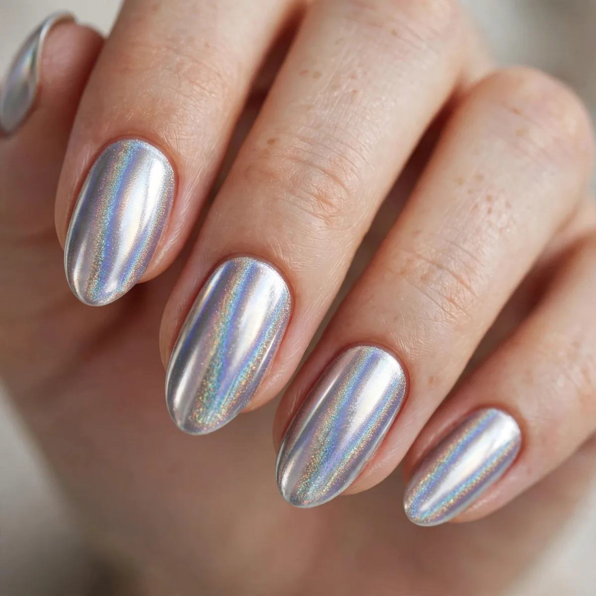 Holographic silver chrome nails