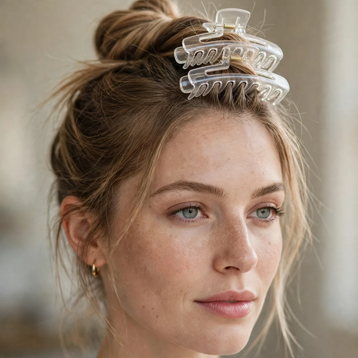 Woman with fine hair styled with two stacked claw clips