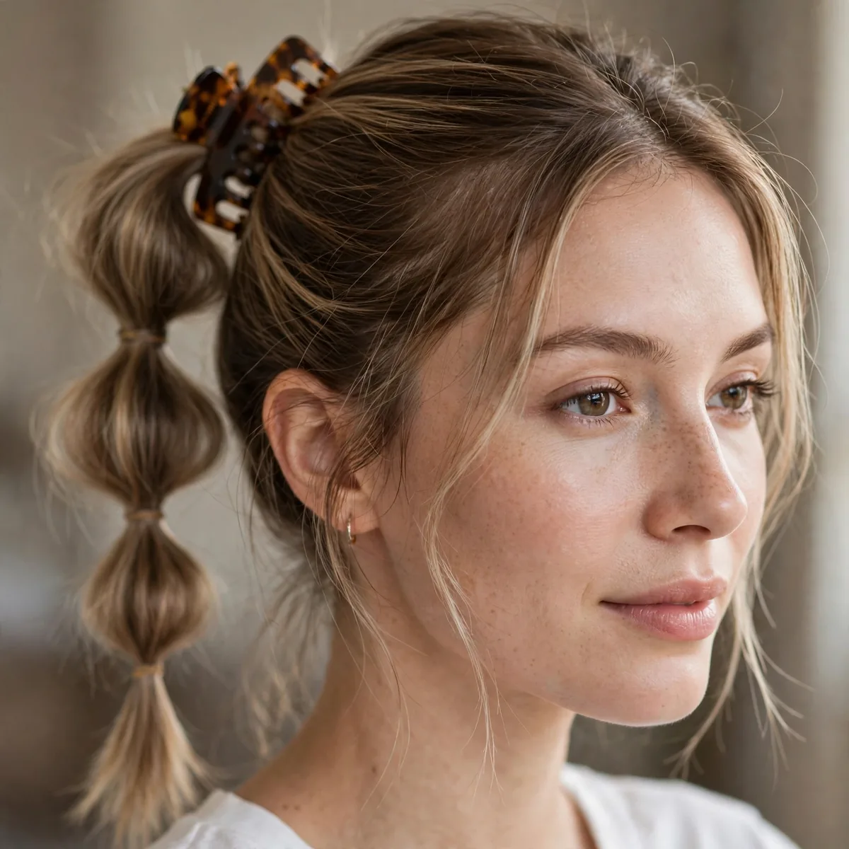 Woman with fine hair in a bubble ponytail secured with a claw clip